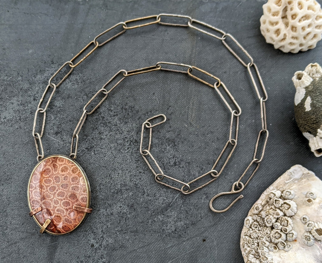Fossilized Coral Specimen Necklace with Hand-fabricated Chain